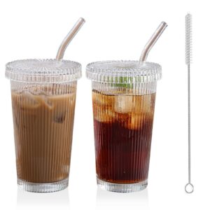 Noxtioanip 2 Stück Glasbecher mit Deckel und Strohhalm – Eiskaffee Gläser für Cappuccino, Latte, Tee – 380ml Trinkbecher