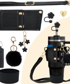 SHEGZHUC Stanley Cup Zubehör, Leder Wasserflasche Verstellbarer Riemen, Schutz und Strohhalm Abdeckung (Schwarz)