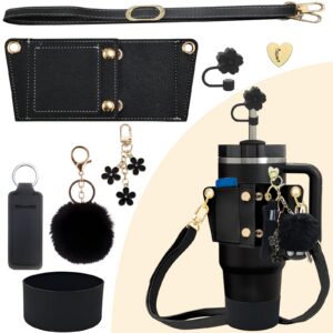 SHEGZHUC Stanley Cup Zubehör, Leder Wasserflasche Verstellbarer Riemen, Schutz und Strohhalm Abdeckung (Schwarz)