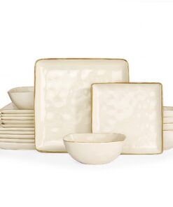 Steingut Geschirrset 6 Personen 18 Teile, Serie Ocean Quadratisch Kratzfest mit Reaktiver Glasur Beige