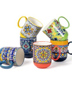 HENXFEN LEAD Porzellan Kaffeebecher 410ml, 6er Pack Bunte Bohemian Style Tassen mit Henkel