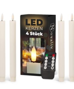 Novaliv Stabkerzen LED mit Timer für Wohnzimmer - 6 Stunden - ECHTWACHS gerippt 23cm Höhe 2 AAA Batterien LED flackernde