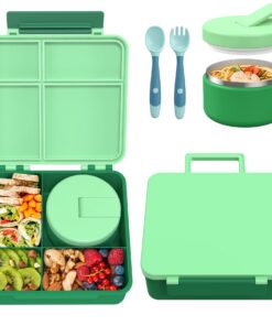 Itslife Lunch Box Kinder Set (Grün) + [Thermobehälter] + [Schule, Ausflüge] + [BPA-Freie Isolierte Lunchtasche] + [4 Fäc