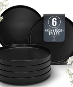 Pure Living Steingut Frühstücksteller 6 Personen matt Schwarz - TESTSIEGER Manhattan