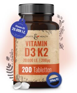 Vitamin D3 K2 Tabletten - 20000 IE + 200µg K2-Mk7 - Vegetarisch - Hochdosiert - Perfekt für die gesunde Mineralienabsorp