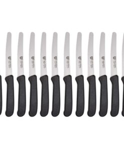 GRÄWE Schwarz Tafelmesser 12 Stück - Scharfe Messer für Brotzeit, 21 cm - Frühstücksmesser mit einseitigem Wellenschliff