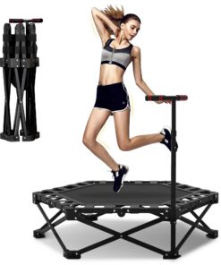 SeitenTitel: Fitness Trampolin Indoor 106cm für Zuhause - Belastbarkeit 150kg, Höhenverstellbare Haltestangen, Faltbar u