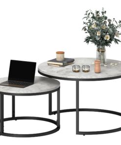 HOMCOM Wohnzimmertisch Hellgrau rund 2er Set mit Metallrahmen und Marmoroptik