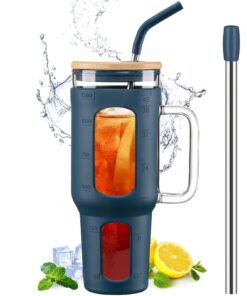 BLUEGO Tumbler becher mit Deckel und Strohhalmen, 1400ml Kaffeebecher To Go mit Henkel, BPA-frei, Blau