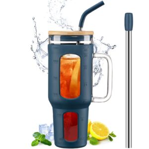 BLUEGO Tumbler becher mit Deckel und Strohhalmen, 1400ml Kaffeebecher To Go mit Henkel, BPA-frei, Blau