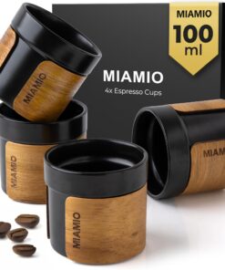 MIAMIO Espresso Tassen 4er Set (100 ml) für Mokka und Espresso ohne Henkel, Keramik Tassen mit Holzmanschette (Schwarz)
