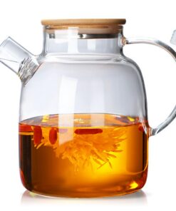1800ml Hitzebeständige Hochborosilikat-Glas Teekanne mit herausnehmbarem Siebeinsatz & Holzdeckel für Tee & Blumentee