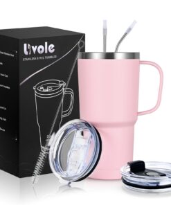Livole Hellrosa Thermobecher 600ml Vakuum Kaffeebecher Thermo Edelstahl Strohhalm Deckel 20oz Reisebecher coffee to go