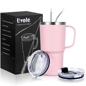 Livole Hellrosa Thermobecher 600ml Vakuum Kaffeebecher Thermo Edelstahl Strohhalm Deckel 20oz Reisebecher coffee to go