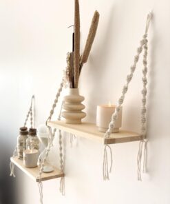 2er Makramee-Wandregal Boho Regal für Pflanzen & Deko – Wohnzimmer, Schlafzimmer, Bad | Holz Hängeregal Boho Style, Seil
