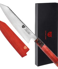 GRÄWE Signature Damastmesser, Super Scharf und 35 cm Lang, Kurtzoszias Erstlingsmodell, Hellbrauner Griff mit Geschenkbo