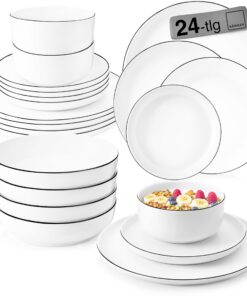 SÄNGER Marlo Black Rim 24-teiliges Geschirrset für 6 Personen | Weiß mit schwarzen Akzenten | Dessert-, Speisetellern, S