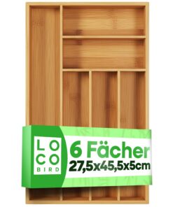 Loco Bird Bambus Besteckkasten verstellbar 6 Fächer - 27,5x44,7x5cm Schubladen Organizer Küche