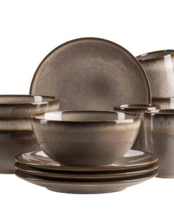 Mäser Serie Smokys Geschirr-Set für 4 Personen - 12 teiliges Frühstückset im Scandi Look - Steinzeug - braun