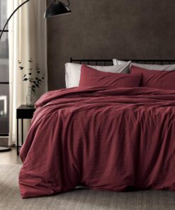 Lanqinglv Öko-Tex Rot Ancora Bettwäsche-Set + Kissenbezug - Stone Washed Leinenoptik, 200x200 cm + 80x80 cm, mit Reißver