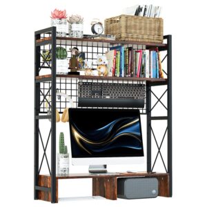 Bücherregal für Schreibtisch 3-Etagen Verstellbar Schreibtischorganizer Holz und Metall Heimdekoration für Zuhause