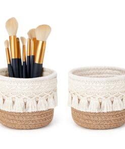Mkono Boho-Dekor Set Mit Makramee-Make-up-Pinselhaltern Gelb Weiss Mkono Makramee-Make-up-Pinselhalter Mini-Aufbewahrung