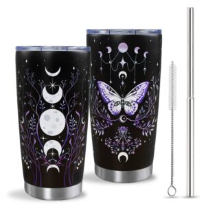 Gothic Butterfly Tumbler für Frauen mit Lid und Stiel, Black Purple, 20oz, Halloween Geschenke | Gothic Butterfly Flasc