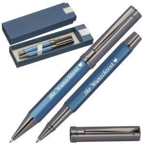 Mark Twain schreibendes Kugelschreiberset mit Gravur | Hochwertige Metallkugelschreiber & Rollerball in Blau | Personali