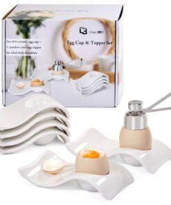 Porzellan Eierbecher Set 6 Weiße Becher + Eieröffner für Hart- und Weichgekochte Eier