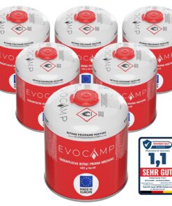 EVOCAMP 6x Propan Butan Gaskartuschen 450g für Weber Grills Q100/1000-Serien mit Sicherheits-Verschlussautomatik EVOCAM