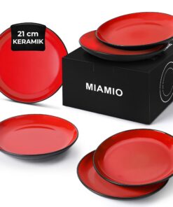 MIAMIO - 6 teiliges Teller/Speiseteller Set aus Steingut Keramik - Le Papillon Kollektion (Rot) für Familie und Freunde