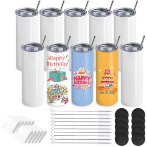 TESIN weiße Vakuumisolierter 20 oz Edelstahl Becher, Dual Wandig, Metallstrohhalme, 10 Stück