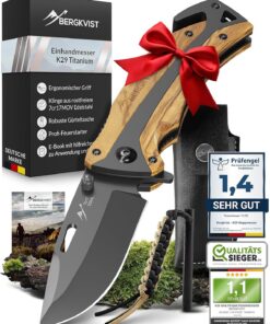 BERGKVIST® K29 Klappmesser Olivenholz - Outdoor-Messer für Jäger und Ausgehalte - 3-in-1 Funktion mit Titanium-Veredelun