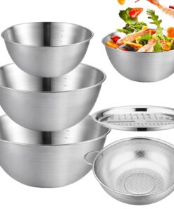 TuYines Rührschüssel 3er Set, Edelstahl Schüssel, Gourmet Schüsselset mit Sieb & Reibenaufsätzen, Servierschüsse, Snacks