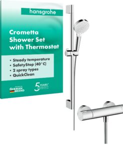 Hansgrohe Crometta - Thermostatisches Duschset, Weiß-Chrom, 27812400, 65 cm Duschkopf, 2 Strahlarten, Ecosindikator, 1,6