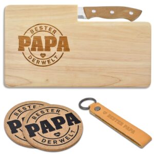 Vatertagsgeschenk für Papa: Holzbrettset mit Schlüsselanhänger und Untersetzer (Frühstücksbrettchen)