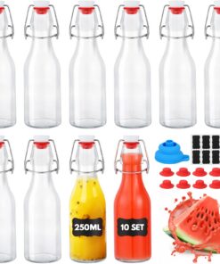 Glasflaschen 250ml mit Bügelverschluss 10er Set + Extra Dichtungen Etiketten Trichter für Öl Essig Saft Limonade
