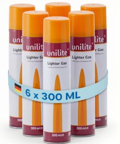 UNILITE Butan Feuerzeuggas - 6 x 300 ml - Gaskartusche zum Nachfüllen von Gasfeuerzeug & Co. - perfekt für Outdoor-Adven