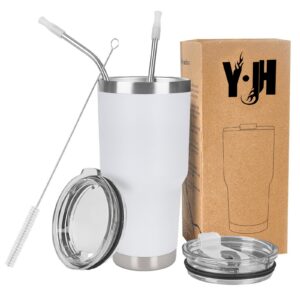 Y·J&H Doppelwandiger Autobecher - Weiß | 30oz, Edelstahl, Thermobecher, BPA Free, Reiseflasche, 2 Spritzfeste Deckel, St