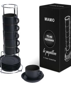 MIAMIO 6er Kaffeebecher Set Schwarz - Keramik Espressotassen mit Untertasse & Ständer für Kaffeeliebhaber - Le Papillon