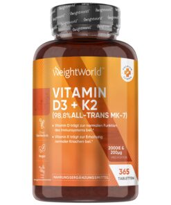 WeightWorld Vitamin D3 K2 2000 IE - 2 Jahre Vorrat - 365 Tabletten mit 200μg Vit K2-98.8% All-Trans MK-7 - Vegane Quelle