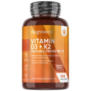 WeightWorld Vitamin D3 K2 2000 IE - 2 Jahre Vorrat - 365 Tabletten mit 200μg Vit K2-98.8% All-Trans MK-7 - Vegane Quelle