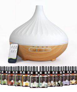 AESHORY 500ml ULtraschall Aromatherapie Diffuser Für Haus, 12 x 5ml Ätherische Öle, 7 Farbiges LED Licht, 4 Timer, Fernb