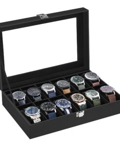 SONGMICS Uhrenbox JWB12B - 12 Fach Glasmessung - Premium-Pflegefutter - Der richtige Uhrenkoffer für Sammler
