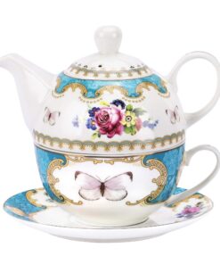 Fanquare Vintage Rose Blumen Tea for One Set,Türkis Porzellan Kaffeetassen Set mit Teekanne, Tasse und Untertasse für ro