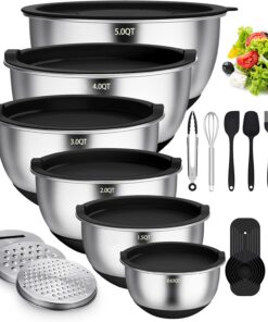 Terlulu Rührschüssel 6er Set Schwarz - Edelstahl, Salatschüssel mit Deckel & Silikonboden, 3 Reibenaufsätze, 4,7l/3,8l/2