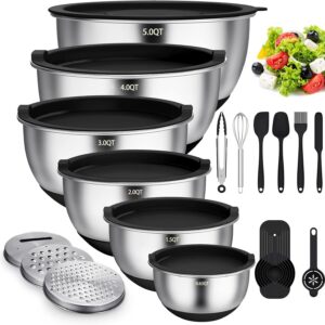 Terlulu Rührschüssel 6er Set Schwarz - Edelstahl, Salatschüssel mit Deckel & Silikonboden, 3 Reibenaufsätze, 4,7l/3,8l/2