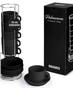 MIAMIO Schwarz 6 x 75 ml Espresso Tassen Steingut Keramik Set für Café-Kollegen - Palmanova Kollektion
