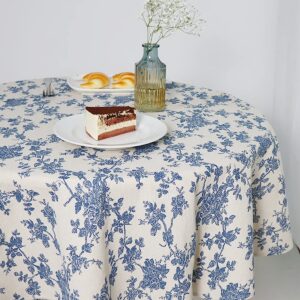 Wracra Abwaschbare Runde Tischdecke Blaues Blumen Pastoral Vintage 140cm Tischtuch Outdoor Party Picknick Gardengesamt