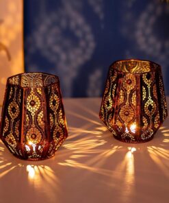 Romadedi Orientalische Laterne Windlicht Bronze - 2er Set für Wohnzimmer und Badezimmer mit Teelichtern und Stumpenkerze